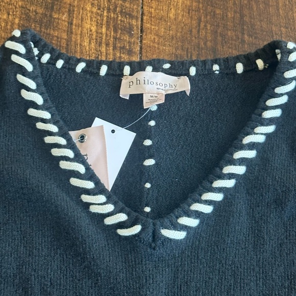 Philosophy | Black V-neck Sweater with Chunky Cream Stitching Details, NWT - Picture 3 of 7